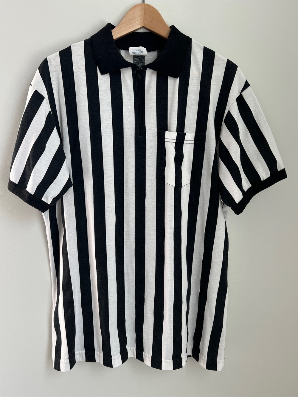 Majestic Athletic | Men's Black & White Vertical Stripe Polo Referee Shirt Sz L